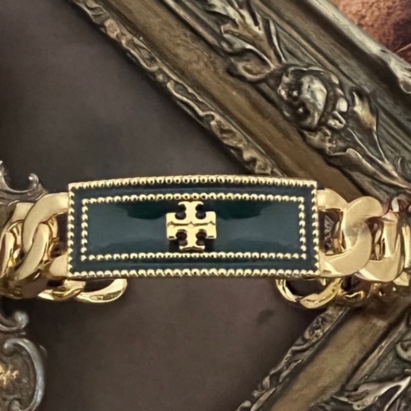 TORY BURCH • Green Milgrain Logo Cuff Bracelet - Picture 1 of 5